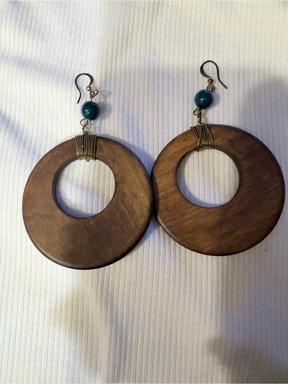 Handcrafted Wooden Hoop Earrings with Teal Bead.